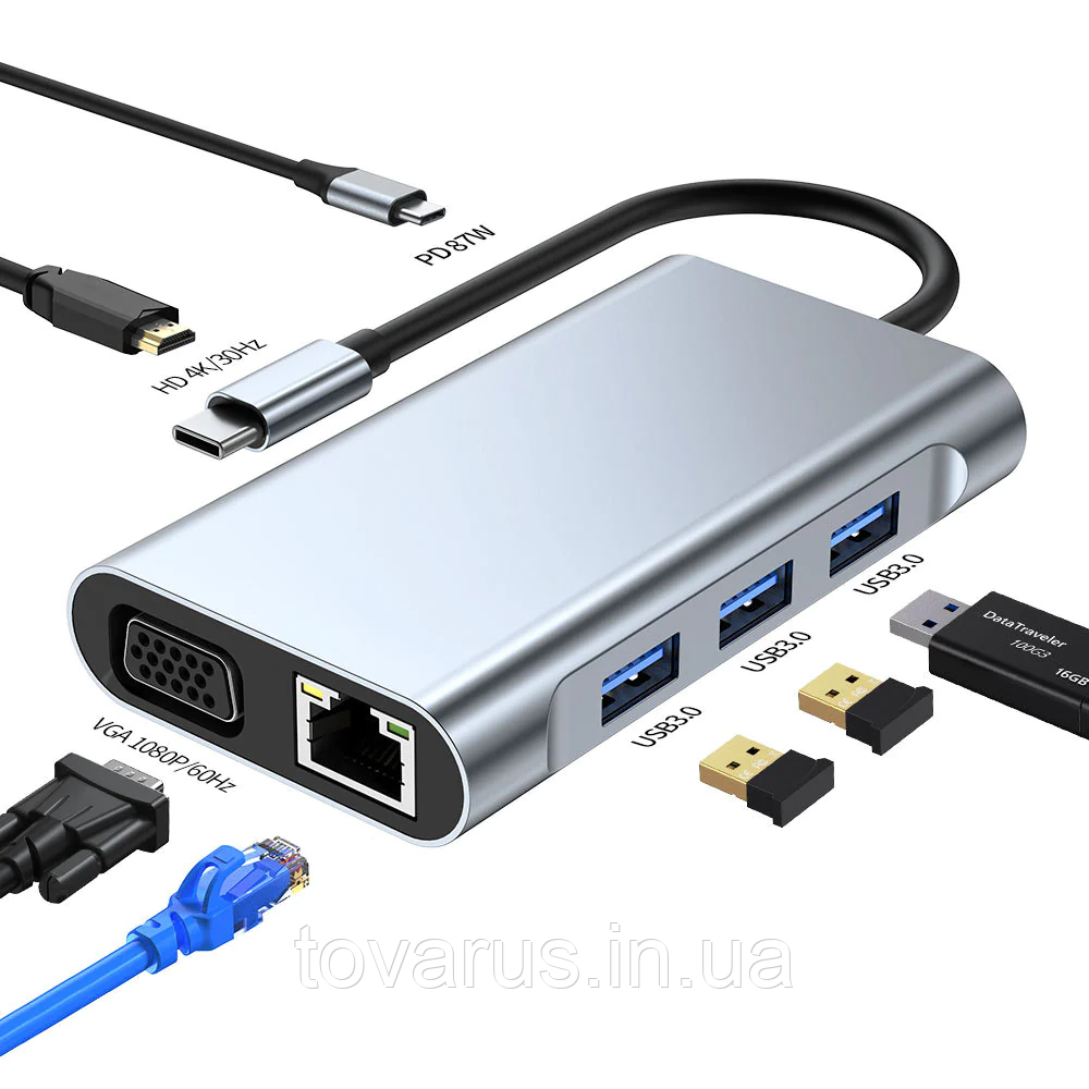 USB Type-C Hub хаб 7 в 1 (USB x3, HDMI, VGA, LAN, Type-C)