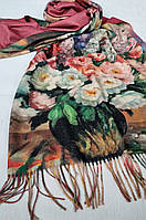 Женский Кашемировый шарф-палантин.Картина разноцветный, цветы, бордо. Кашемир 190\65