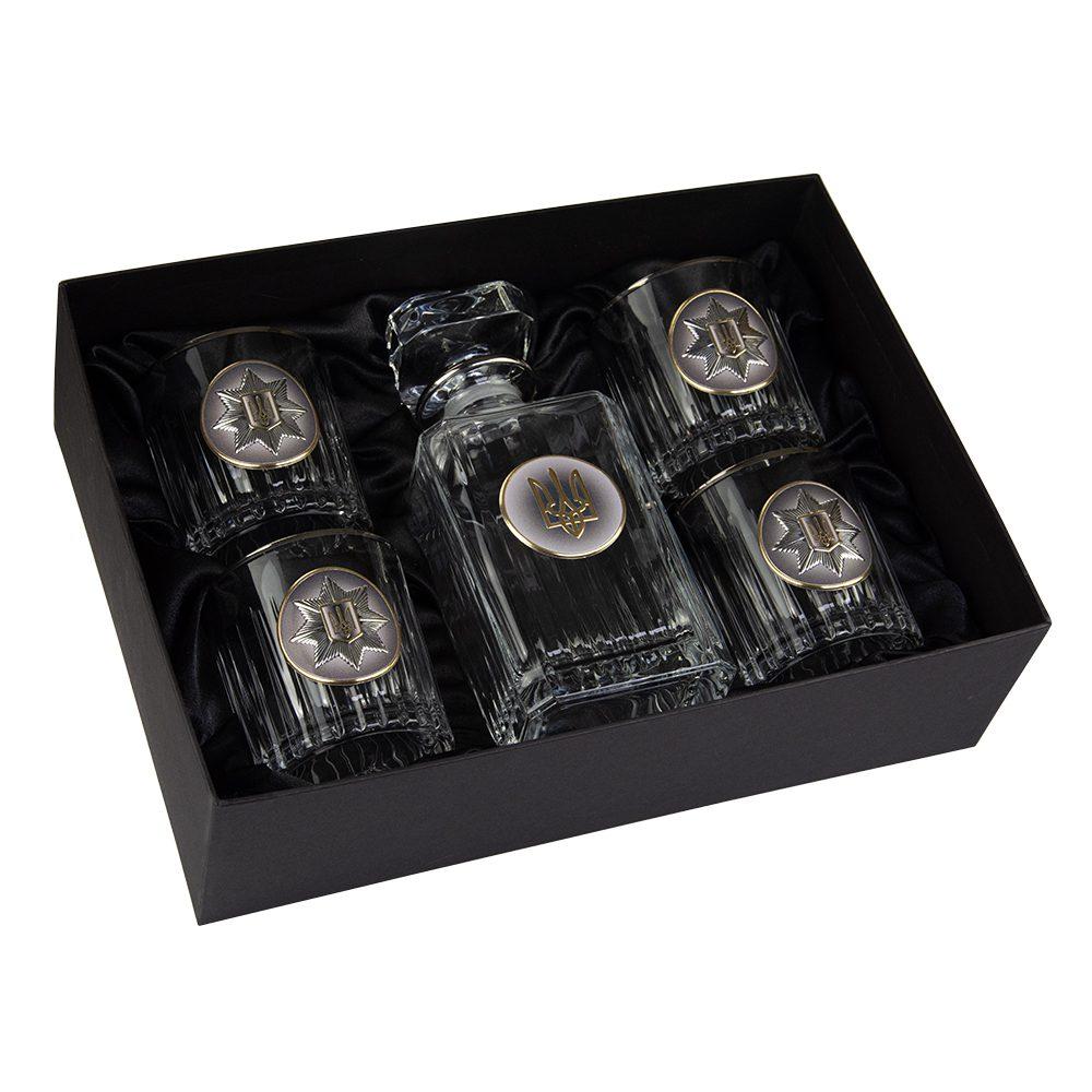 Набір для віскі "Нацполіція України" графін та 4 келиха кришталь срібло золото Гранд Презент GPB5MVS2PGD, фото 1