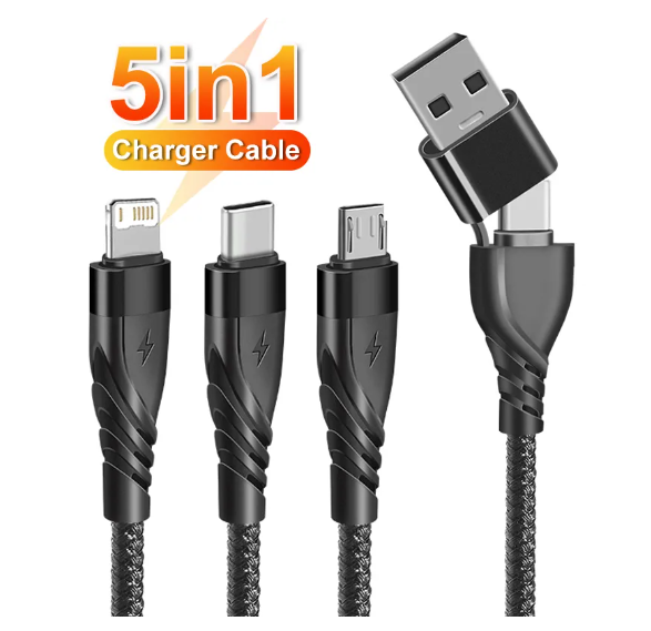 5в1 1.2м. Fast Charger Черный Кабель зарядного устройства Micro USB + IOS + Type-C, фото 1