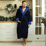 Чоловічий махровий халат лазневий із капюшоном синій 3XL