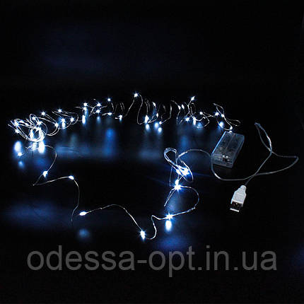 Xmas гірлянда 50 Led 5M (Copper) на мідному дроті (Крапля роси) W WHITE працює від батарей + USB, фото 1