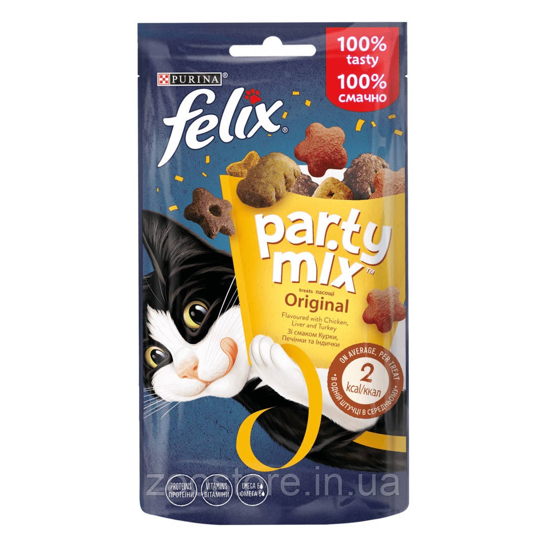 Ласощі для котів Felix Party Mix Оріджинал Мікс, зі смаком курки, печінки та індички 60 г