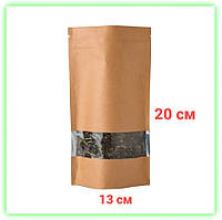Дой пак пакет крафт металлизированный с зип замком окном 130*200мм, пакет для чая с клапаном (От 100шт.)