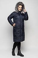 Молодёдное тёмно-синее пальто с натуральным мехом песца батал с 48 по 56 размер