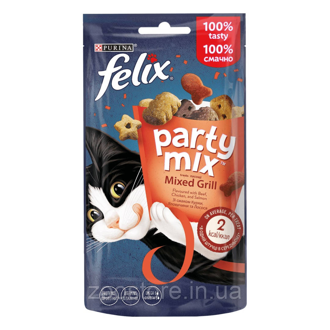 Ласощі для котів Felix Party Mix Гриль Мікс, зі смаком курки, яловичини та лосося 60 г