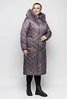 Красивое женское пальто лилового цвета с натуральным мехом песца батал с 48 по 66 размер