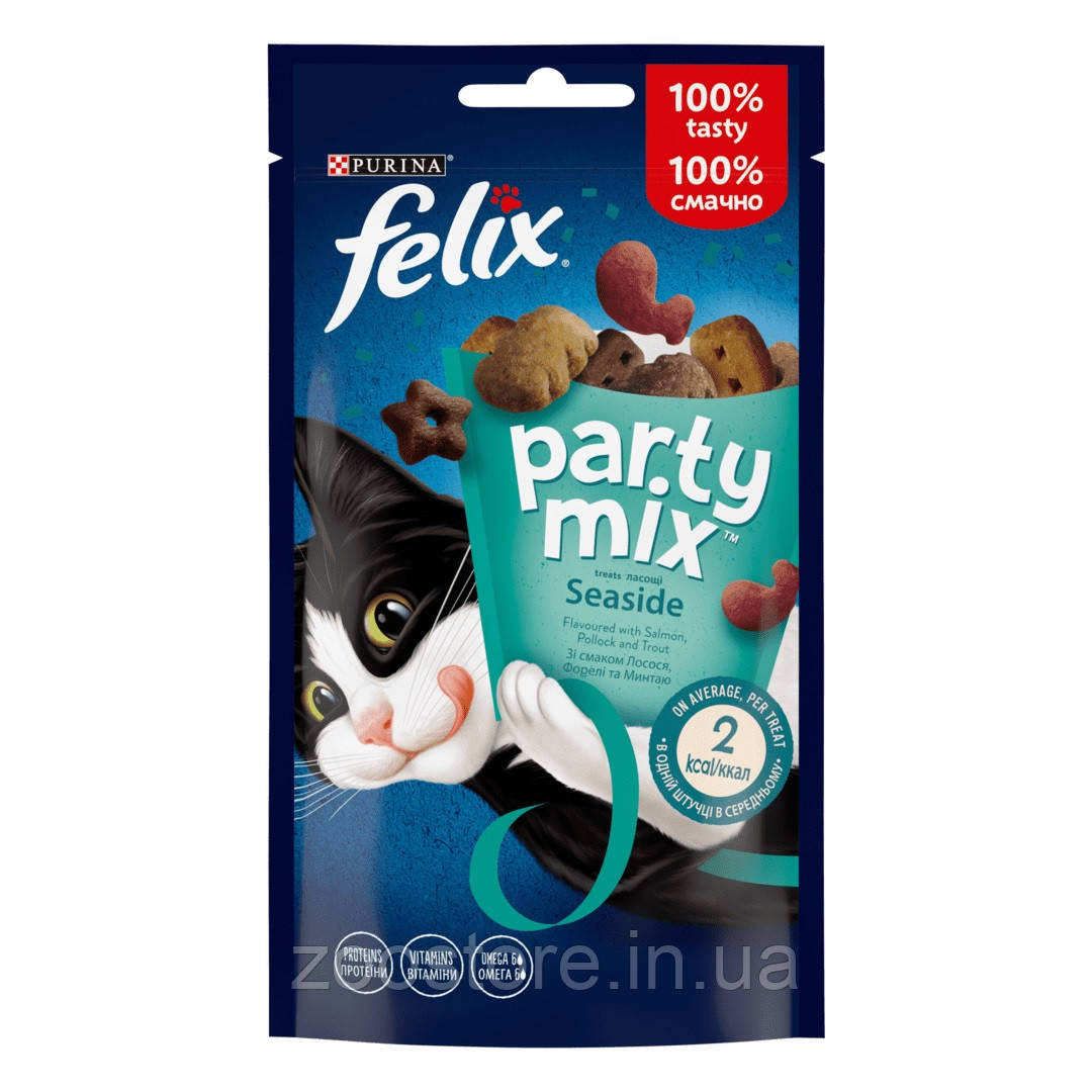 Ласощі для котів Felix Party Mix Океанічний Мікс, зі смаком лосося, форелі та мінтаю 60 г