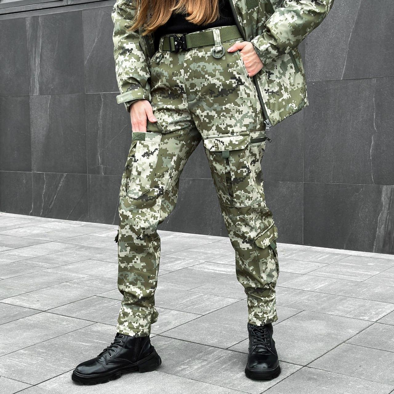 Жіночі брюки карго soft shell на флісі зимові демісезонні hard піксель штани тактичні софтшелл утеплені