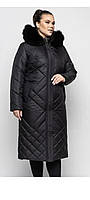 Красивое длинное женское пальто чёрного цвета с натуральным мехом песца батал с 48 по 66 размер