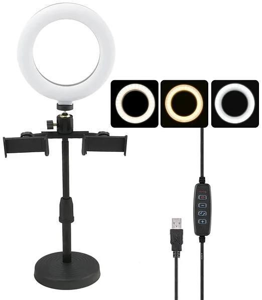 Кільцева лампа настільна 16 см із двома тримачами для телефона Phone Live Fill Light ORG