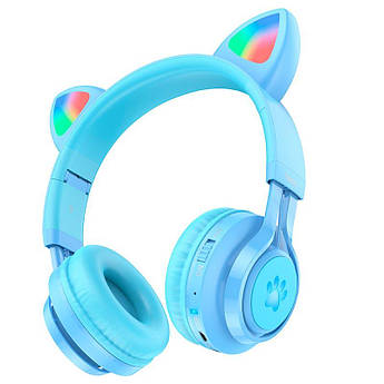 Навушники дитячи Hoco Bluetooth котячи вушка підсвічування W39 Cat Ear Blue