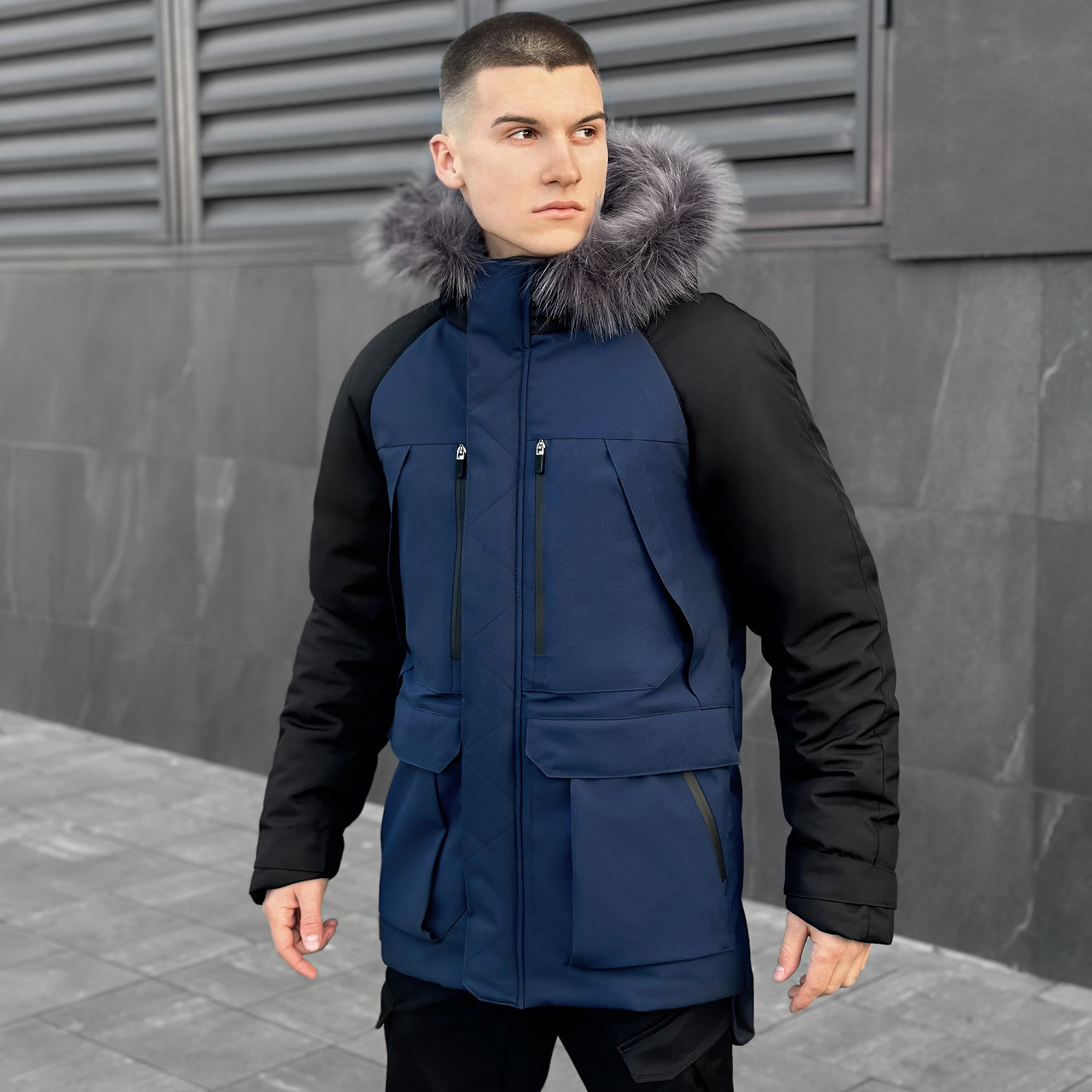 Парка чоловіча зимова з хутром на капюшоні подовжена udacha до -28°c С синя куртка пальто чоловіче зимове, фото 1