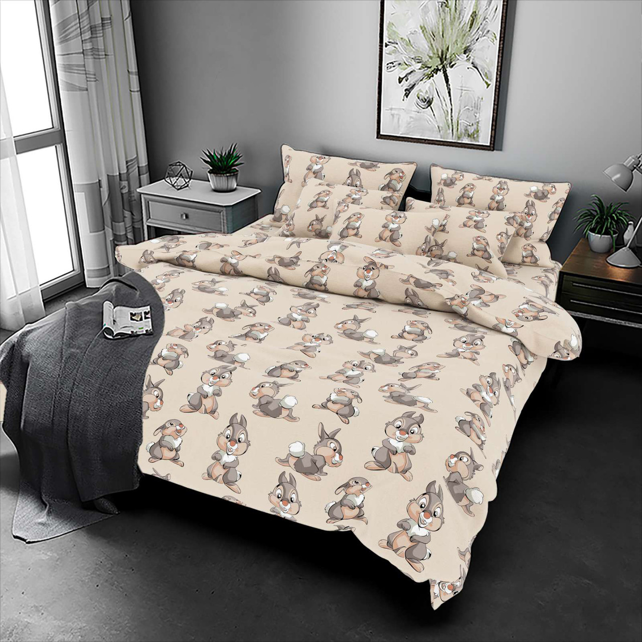 Постільна білизна Королева Ночі (Бязь) | Полуторний комплект | 50х70 | Зайці на бежевому, фото 1