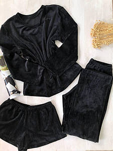 Плюшева жіноча тепла піжама штани шорти кофта чорна Трійка