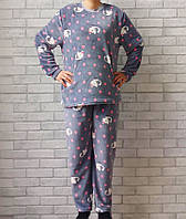 Теплая пижама оптом женская с длинным рукавом на манжете батал (котики), махровая женская пижама р.52 56 60