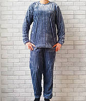 Пижама оптом женская теплая с длинным рукавом и штанами серая волна (батал), махровая женская пижама р.52 56
