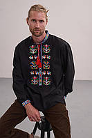 Мужская вышиванка с этно вышивкой "Подольская", льняная вышитая черная рубашка с длинным рукавом