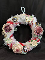 Вінок на Двері Новорічний декор Червоний Білий з Рожевими трояндами