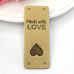 Бирка замшева "Hand made with love", 5х2 см, фісташковий