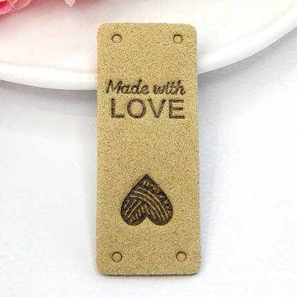 Бирка замшева "Hand made with love", 5х2 см, фісташковий, фото 1
