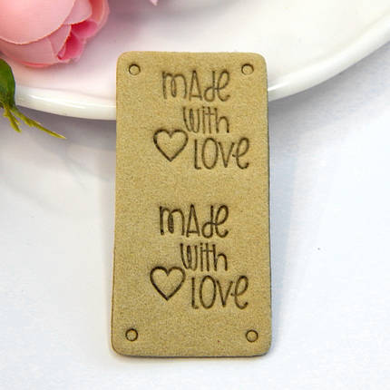 Бирка замшева "Hand made with love", 5х2,5 см, фісташковий, фото 1