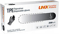 Перчатки Unex TPE р.L черные неопудренные, 200 шт/уп