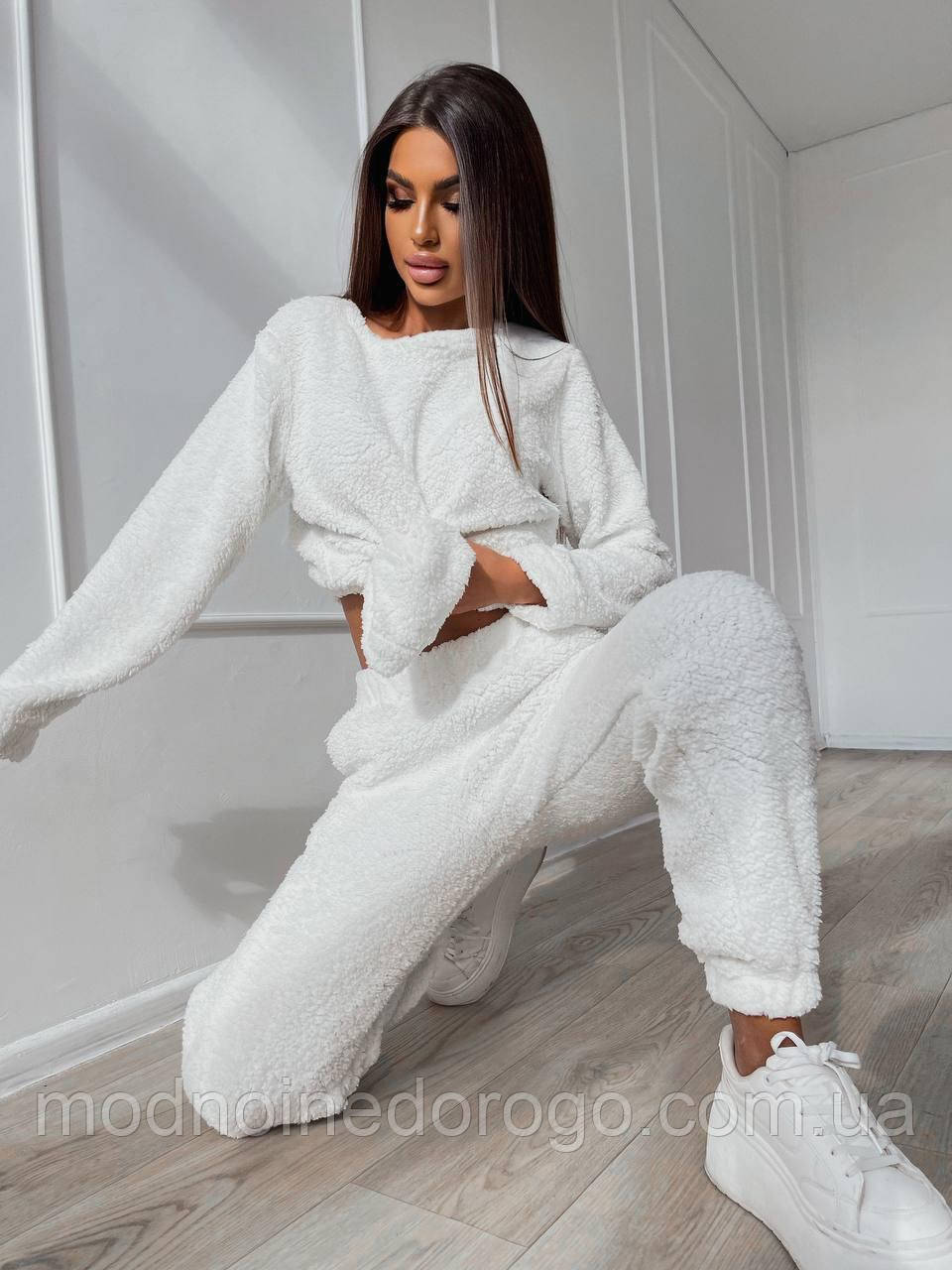 Женская теплая,зимняя однотонная пижама тедди.Плюшевый домашний брючной костюм двойка (штаны+кофта) Молоко, 50/52 - фото 5 - id-p2030053704