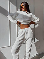 Женская теплая,зимняя однотонная пижама тедди.Плюшевый домашний брючной костюм двойка (штаны+кофта) Молоко, 50/52