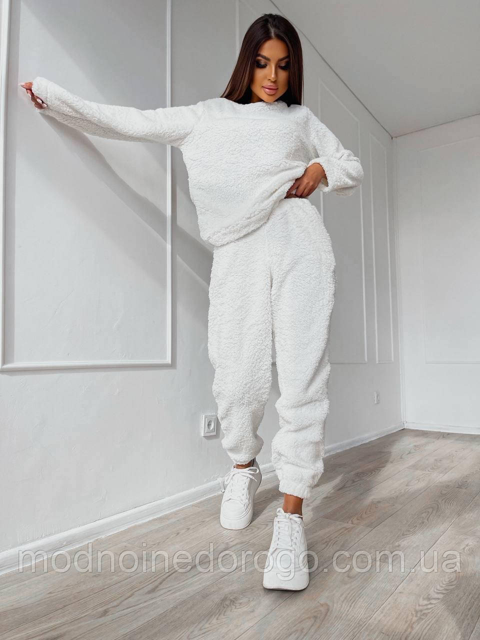 Женская теплая,зимняя однотонная пижама тедди.Плюшевый домашний брючной костюм двойка (штаны+кофта) Молоко, 50/52 - фото 4 - id-p2030053704