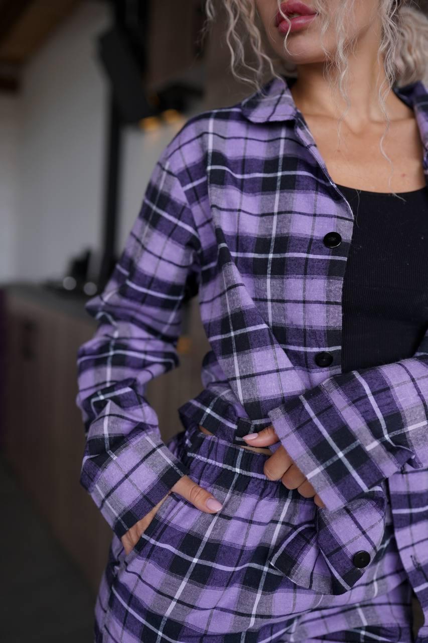 Женская пижама стильная из фланели фиолетовая в клетку размер 46 - фото 8 - id-p2030056866