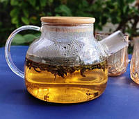 Стеклянный заварочный чайник 1 литр с бамбуковой крышкой "Horeca"