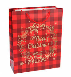 Новорічний подарунковий пакет "Merry Christmas" 26*32*10 см, ламінований картон, колір червоний