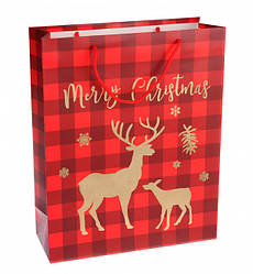 Новорічний подарунковий пакет "Олені" 26*32*10 см, ламінований картон, колір червоний