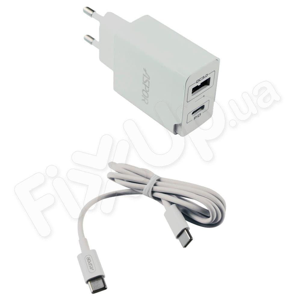 Мережевий зарядний пристрій Aspor A826 (USB-C 20 W + Type-C Cable 3 A, PD), колір білий