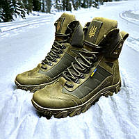 Мужские тактические берцы зимние на меху хаки, военные ботинки с гербом зима, армейская обувь на зиму