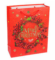 Новогодний подарочный пакет "Christmas wreath" 18*24*8.5 см, ламинированный картон, цвет красный