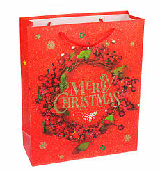 Новорічний подарунковий пакет "Christmas wreath" 18*24*8.5 см, ламінований картон, колір червоний