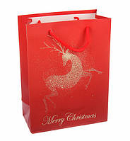Новогодний подарочный пакет "Олень" 18*24*8.5 см, ламинированный картон, цвет красный