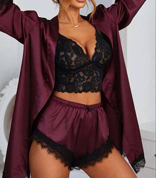 Шовковий халат для дому та мереживний топ із шортами, гарний домашній одяг