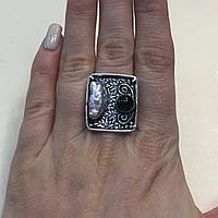 Черный оникс барочный жемчуг барокко кольцо с черным ониксом и жемчугом в серебре 17.5-18 размер Индия