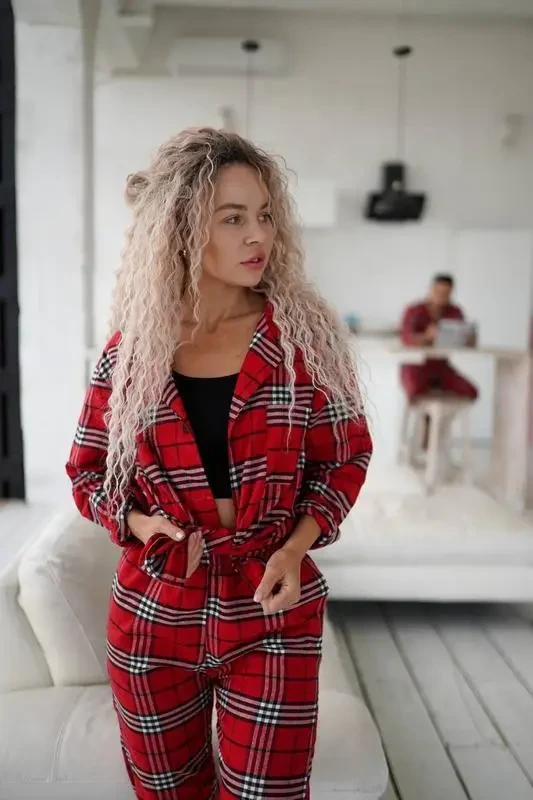 Піжама з бавовни модна червона картата жіноча Xl
