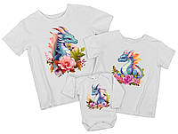 Драконы в цветах - комплект новогодних футболок для всей семьи