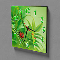 Дизайнерський годинник настінний для будинку зелений Божа корівка, 30х30 см