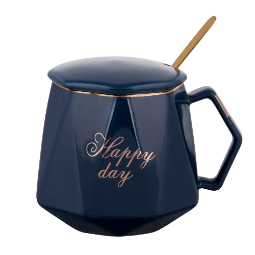 Чашка Happy day 420мл порцеляна з кришкою та золотою ложкою нічний синій із зол.напил. БОНА ДІ, фото 1