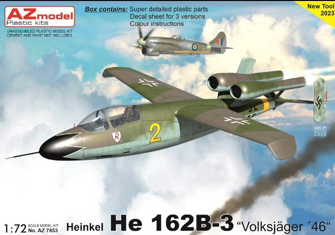 Пластикова модель 1/72 AZ model 7853 німецьий реактивний винищувач Heinkel He 162B-3 “Volksjäger 46”