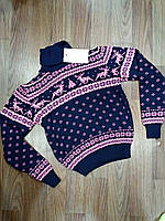 Детский свитер для девочки "Олени", синий /розовые олени, размер 140.