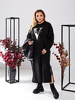 Платье двойка черное трикотажное с жилетом из эко-кожи молодежное большого размера 48-62. 103930