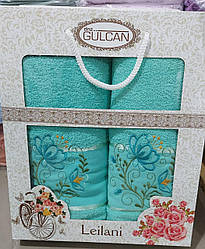 Махрові рушники «Gulcan Leilani» з квітковою вишивкою 2 шт М'ята