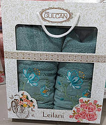 Махрові рушники «Gulcan Leilani» з квітковою вишивкою 2 шт Зелений